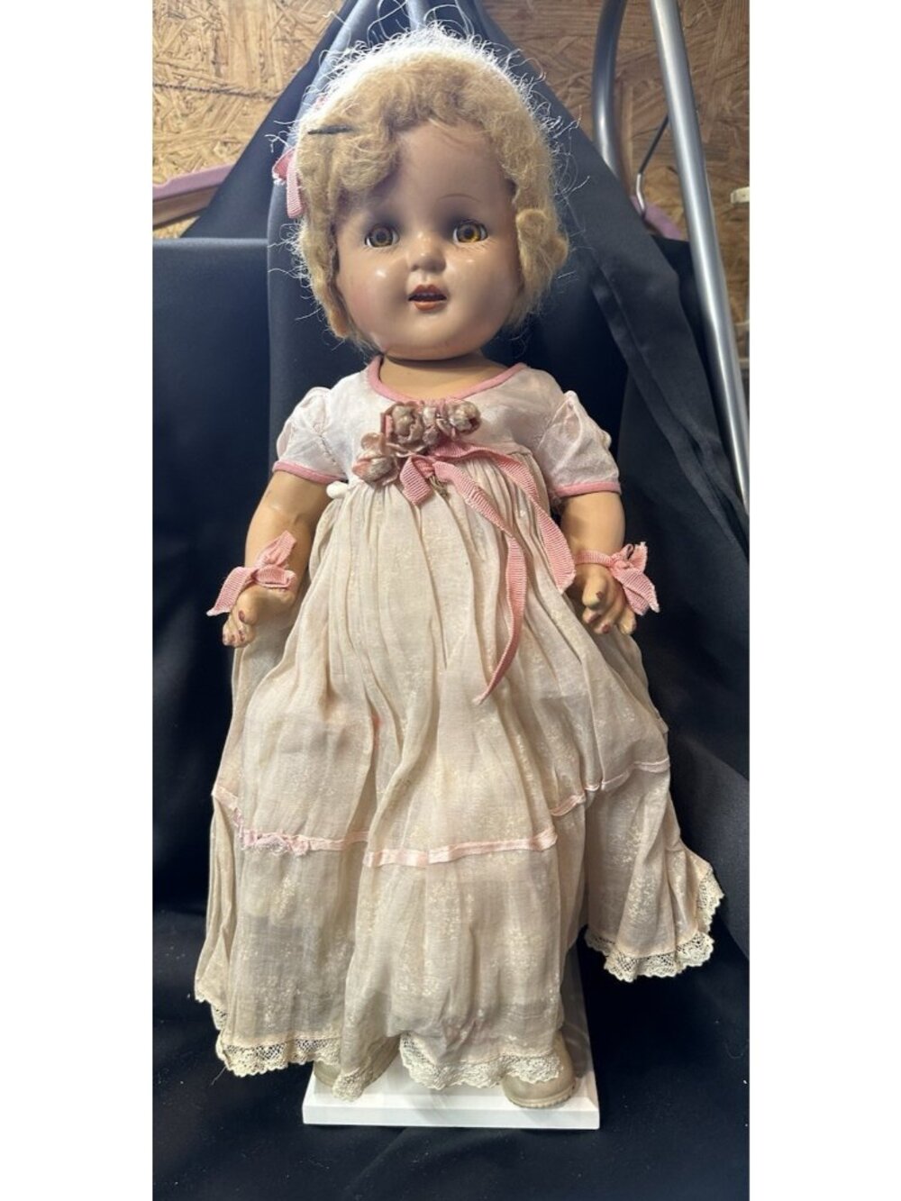 1935-1945 Aranbee Nancy Composition Original Pink Organdy Gown Slip Shoes